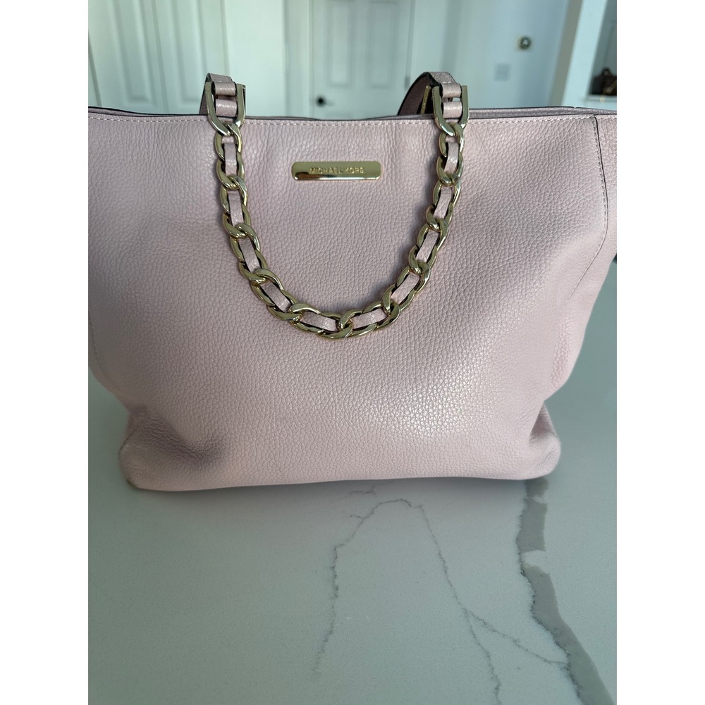 Michael Kors Pink Pebbled Leather Tote Bag Gold Chain Accent Shoulder Bag